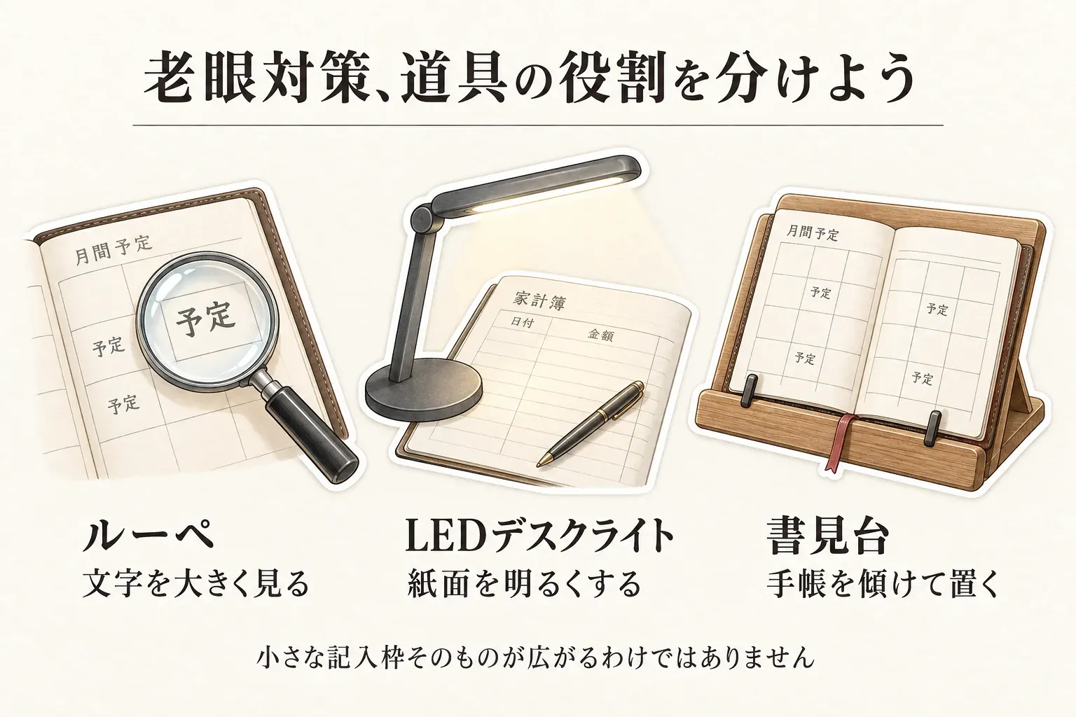 手帳と家計簿で使う3つの道具の役割を示す図。ルーペは月間予定の文字を大きく見る、LEDデスクライトは家計簿の紙面を明るくする、書見台は手帳を傾けて置く役割として描かれ、小さな記入枠そのものが広がるわけではないと説明している。
