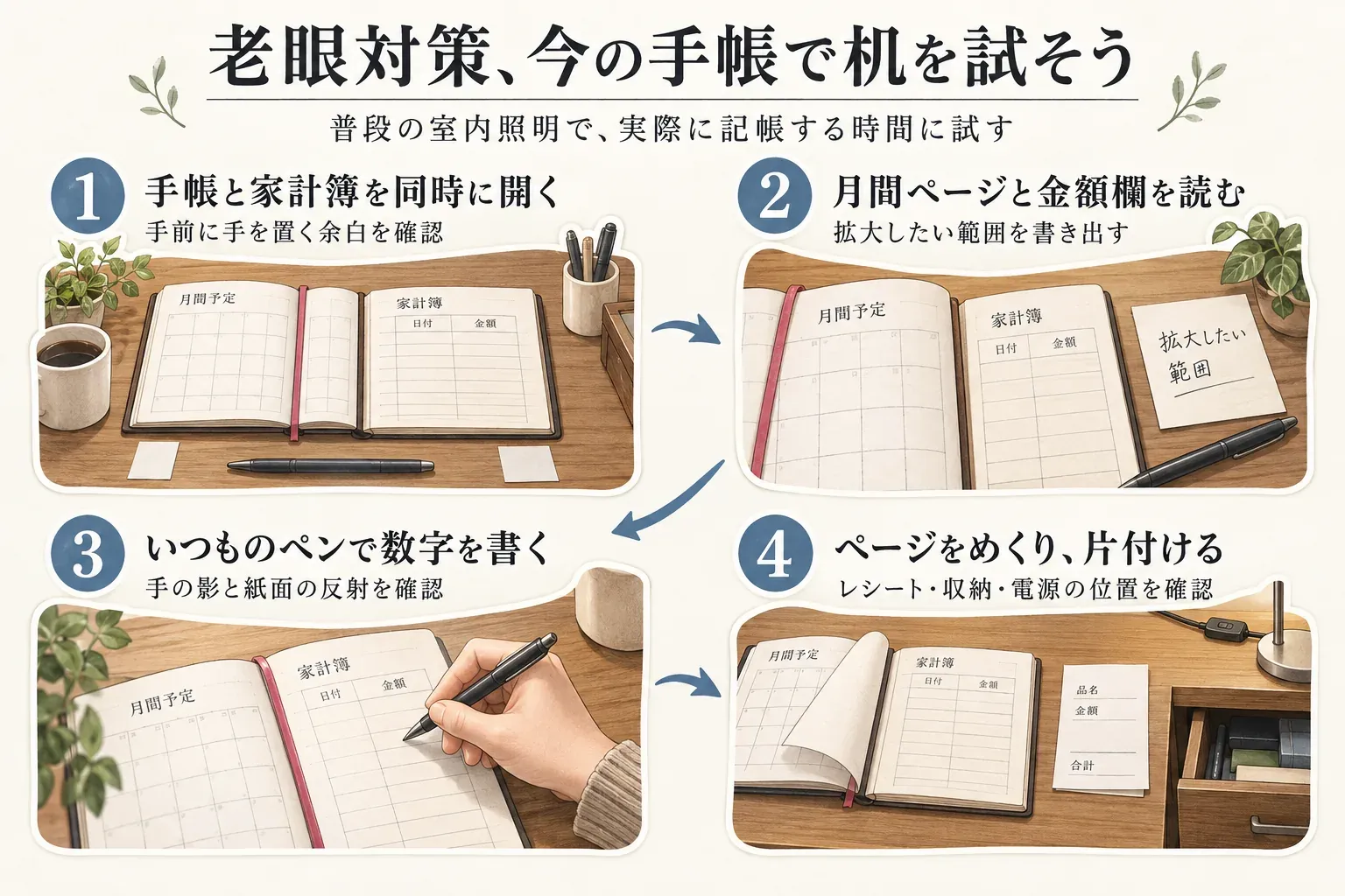 普段の室内照明で実際に記帳する時間に、今の手帳で机の配置を試す4手順の図。手帳と家計簿を同時に開いて手前の余白を確認し、月間ページと金額欄を読んで拡大したい範囲を書き出し、いつものペンで数字を書いて手の影と紙面の反射を確認し、ページをめくって片付けながらレシート・収納・電源の位置を確認する流れを示している。