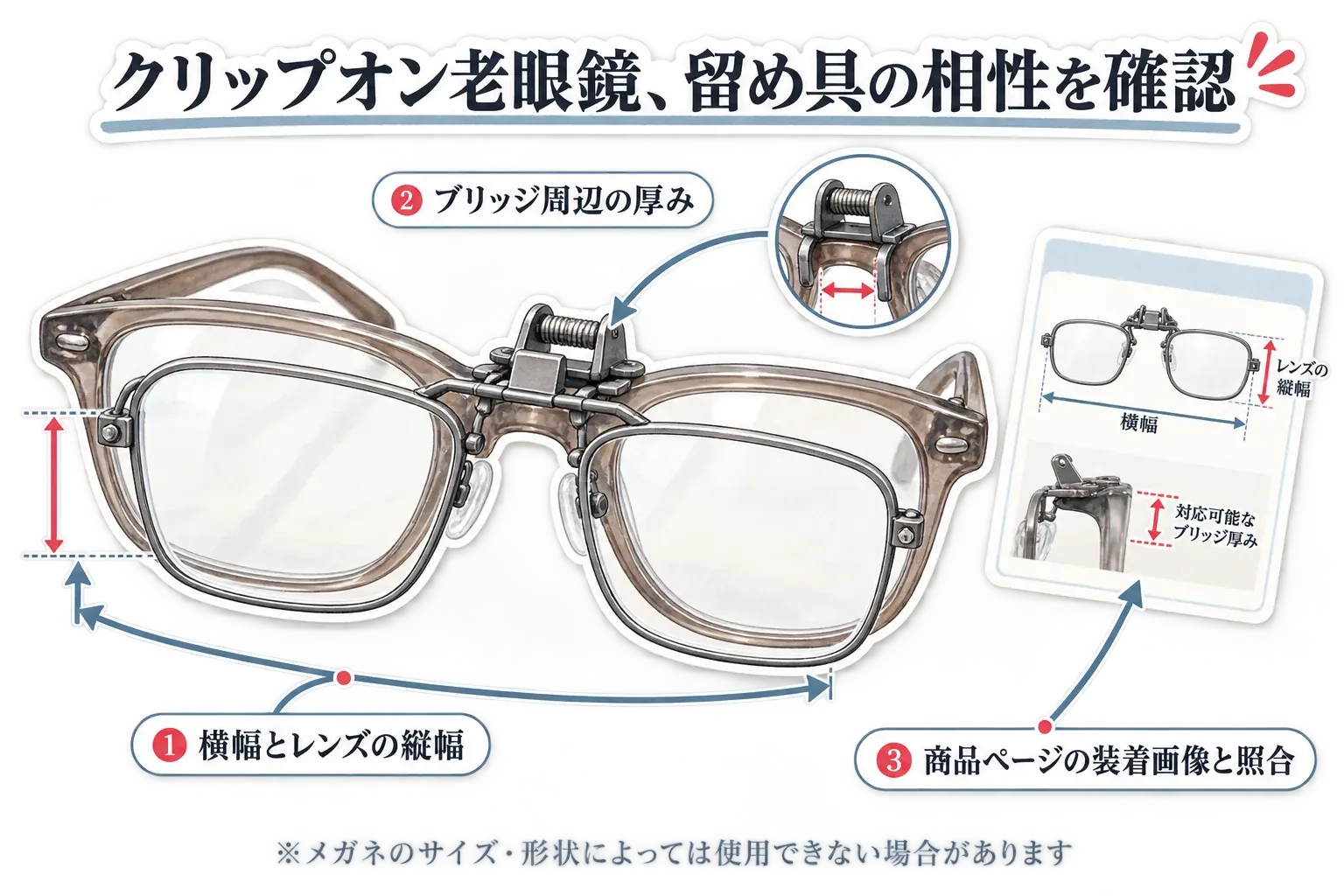 クリップオン老眼鏡の留め具の相性を確認する図。普段のメガネの横幅とレンズの縦幅、ブリッジ周辺の厚みを測り、商品ページの装着画像と照合する手順を示す。メガネのサイズ・形状によっては使用できない場合がある。