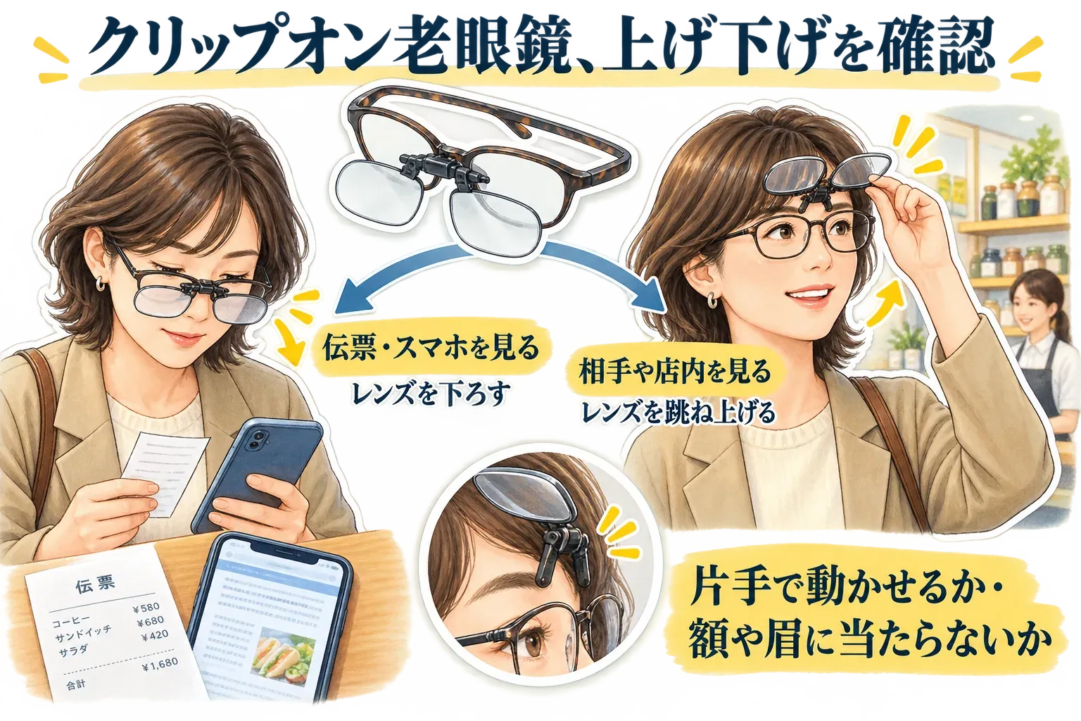 クリップオン老眼鏡の上げ下げを示す図。伝票やスマホを見るときはレンズを下ろし、相手や店内を見るときはレンズを跳ね上げる使い分けと、片手で動かせるか、額や眉に当たらないかを確認する点を描く。