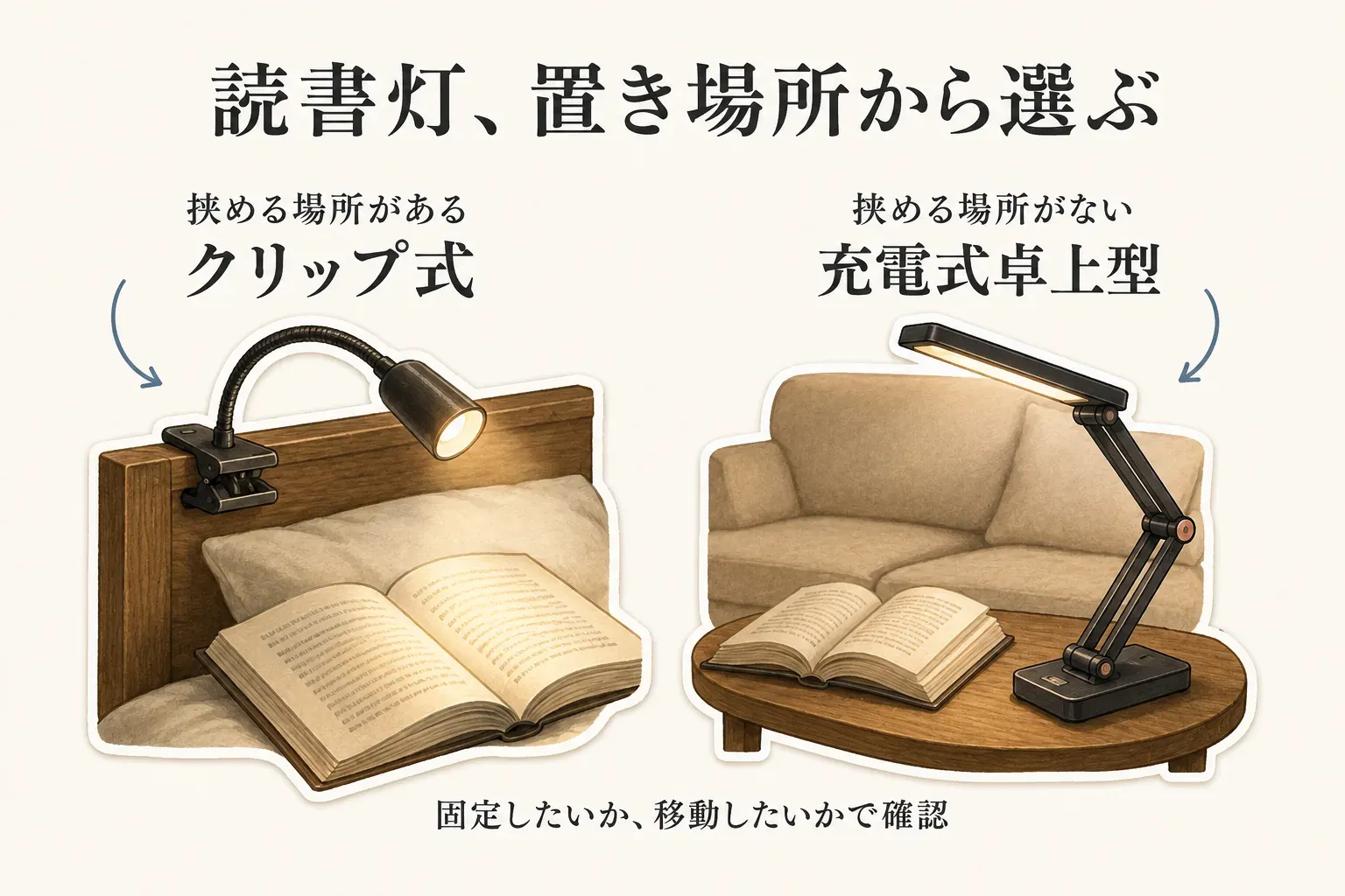 読書灯を置き場所から選ぶ図。挟める場所があるベッドヘッドにはクリップ式、挟める場所がないソファ横のテーブルには充電式卓上型を示し、固定したいか移動したいかで確認するよう案内している。