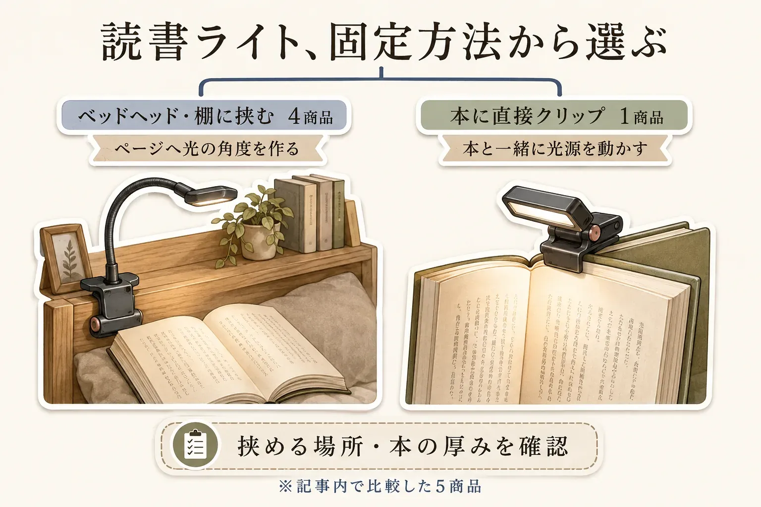 読書ライトの固定方法を比べる図。記事で比較した5商品のうち4商品はベッドヘッドや棚に挟んでページへ光の角度を作るタイプ、1商品は本に直接クリップして本と一緒に光源を動かすタイプであり、挟める場所や本の厚みを確認するよう示している。