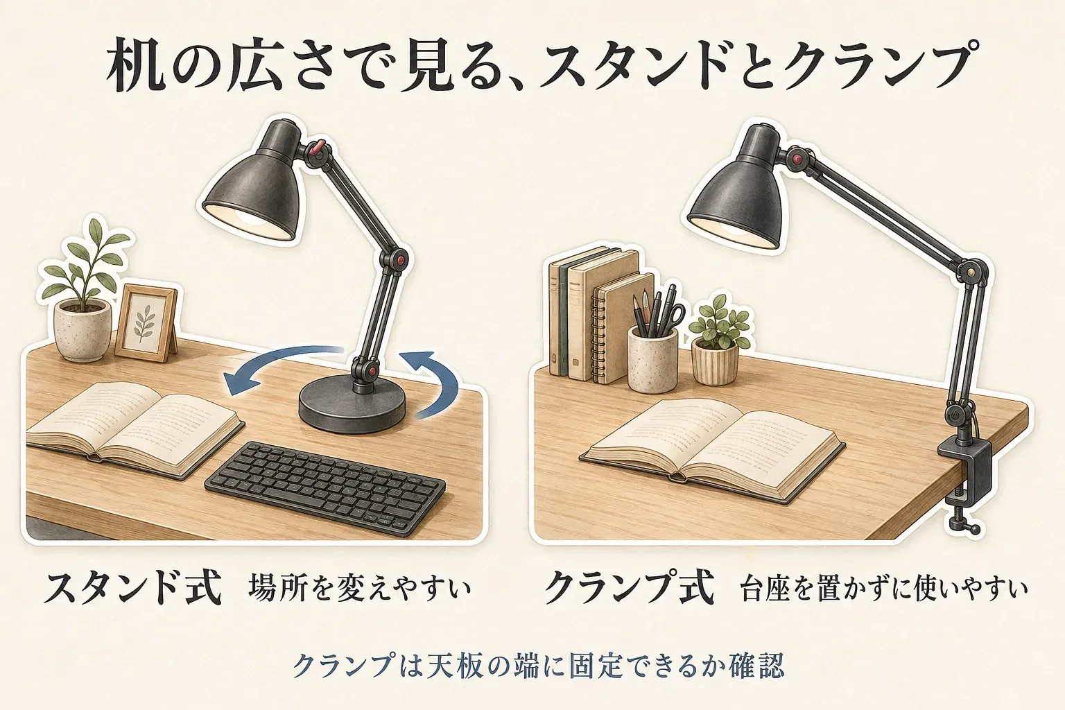 机上のスペースを広く使いたい場合は天板の端に固定するクランプ式、読書や作業の場所を変えたい場合は土台ごと移動できるスタンド式、キーボード前を中心に土台をなくしたい場合はモニター上タイプを選ぶ配置の比較図。