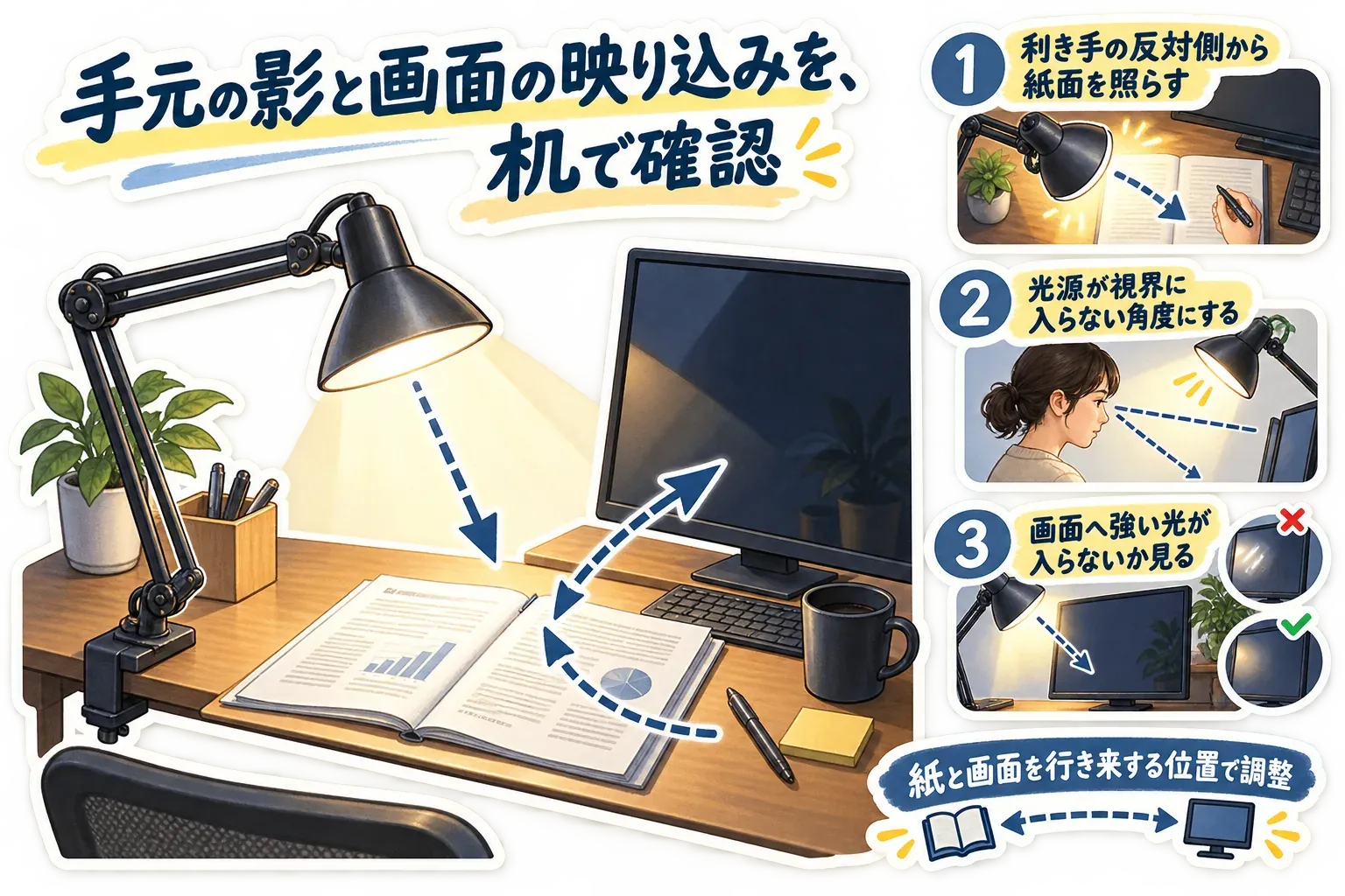 利き手と反対側から紙面を照らして手元の影を避ける配置と、ライトの発光面がモニターに映り込まないよう画面の横へ逃がして角度と明るさを調整する確認図。出典：厚生労働省「情報機器作業における労働衛生管理のためのガイドライン」。