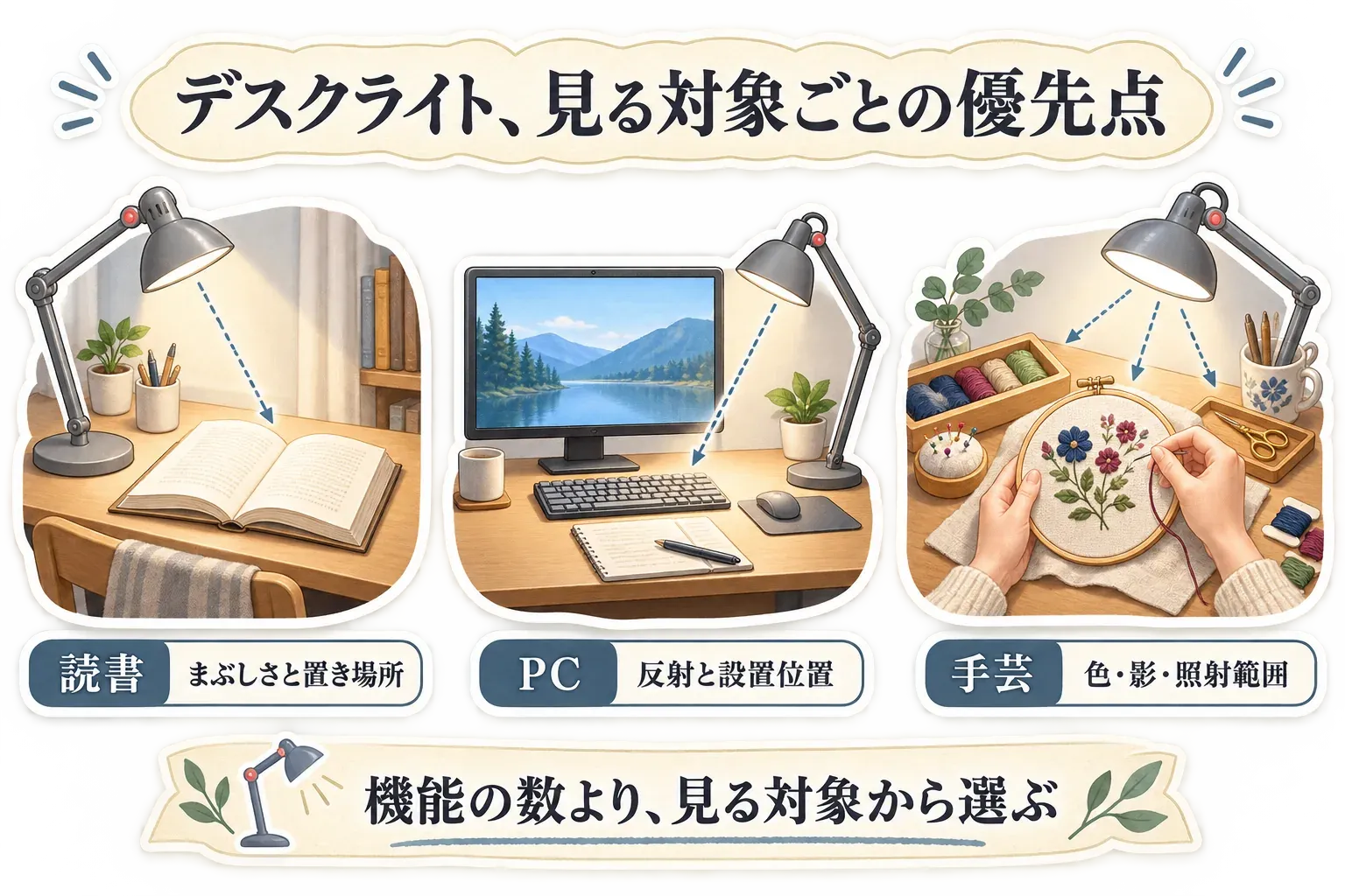デスクライトで見る対象ごとの優先点。読書はまぶしさと置き場所、PC作業は画面への反射と設置位置、手芸は色の見え方・影・照射範囲を確認する様子を示している。