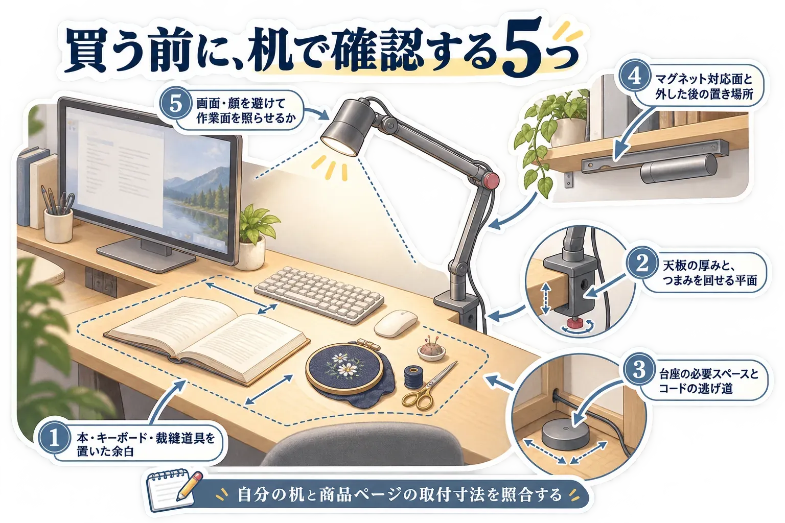 購入前に机で確認する5項目。本・キーボード・裁縫道具を置いた余白、クランプを挟める天板の厚みと平面、卓上台座の必要スペースとコードの逃げ道、マグネット対応面と外した後の置き場所、画面や顔を避けて作業面を照らせる角度を示している。