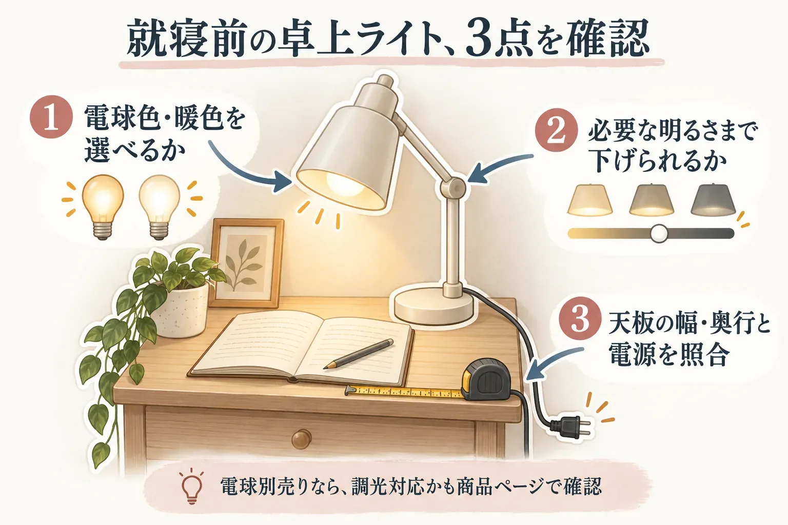 就寝前の卓上ライトで確認する3点。電球色・暖色を選べるか、必要な明るさまで下げられるか、天板の幅・奥行と電源を照合することを、手帳を開いたベッド脇のテーブルとライトで示している。電球別売りの場合は調光対応も商品ページで確認する。