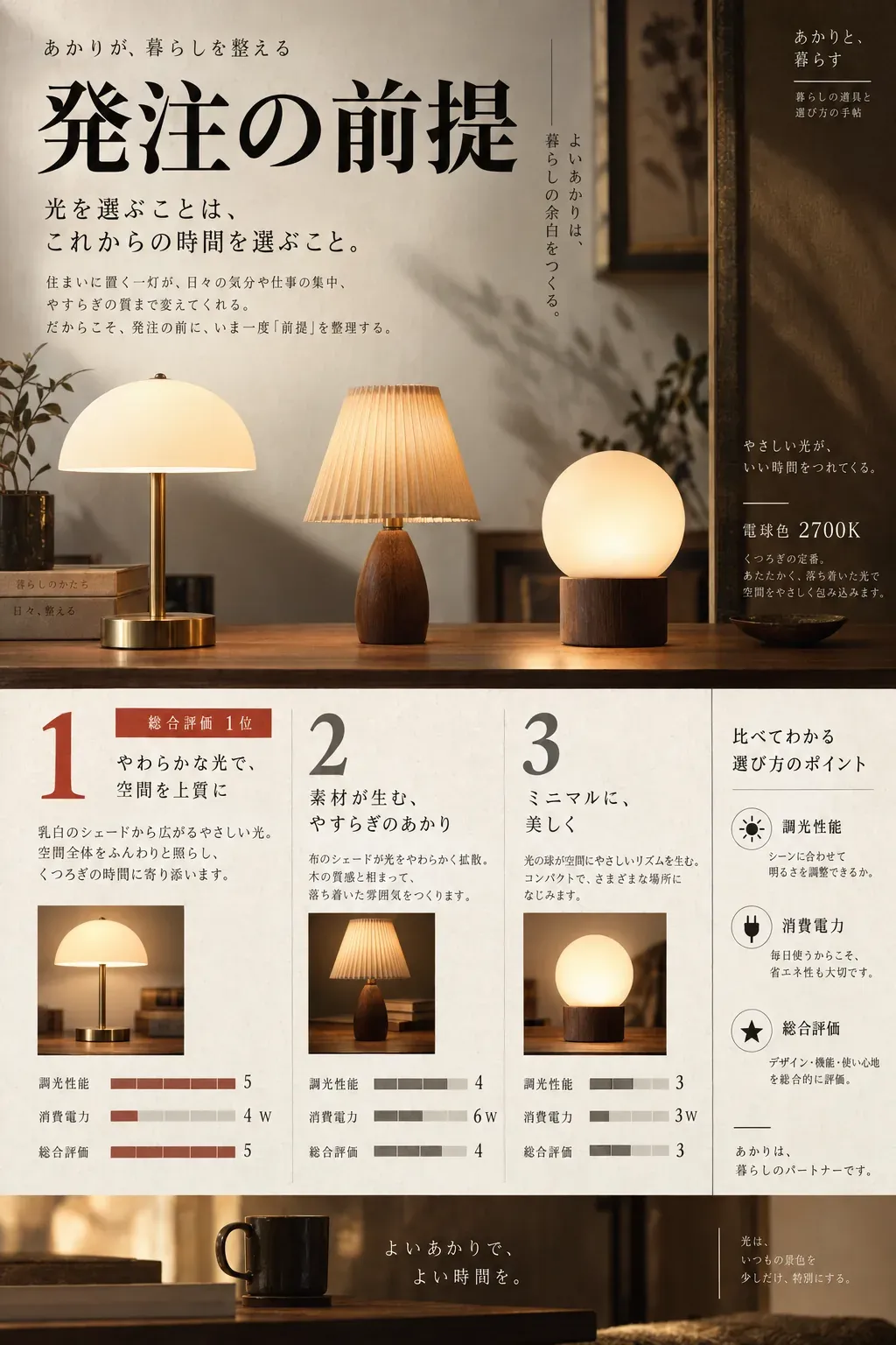 暖かい電球色のテーブルライト3種類を並べ、調光性能・消費電力・総合評価を5段階で比較するイメージ図。乳白色シェード、布シェード、球形ライトの順に、調光性能5・4・3、消費電力4W・6W・3Wと示している。