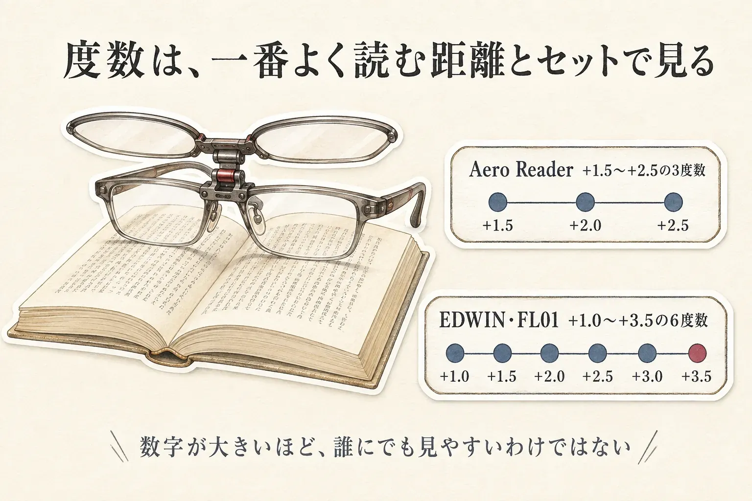 度数は一番よく読む距離とセットで見ることを示す図。Aero Readerは+1.5・+2.0・+2.5の3度数、EDWIN・FL01は+1.0から+3.5までの6度数を示し、数字が大きいほど誰にでも見やすいわけではないと案内している。