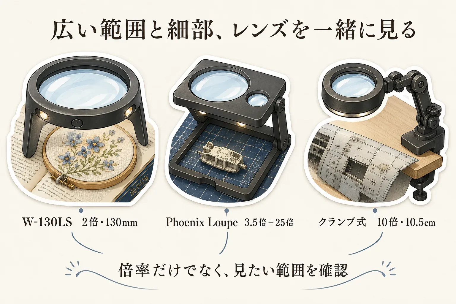 刺繍、プラモデル、小型模型をLEDスタンドルーペで見る3つの例。W-130LSの2倍・130mmレンズ、Phoenix Loupeの3.5倍・25倍レンズ、クランプ式の10倍・10.5cmレンズを示し、倍率だけでなく見たい範囲を確認するよう案内している。