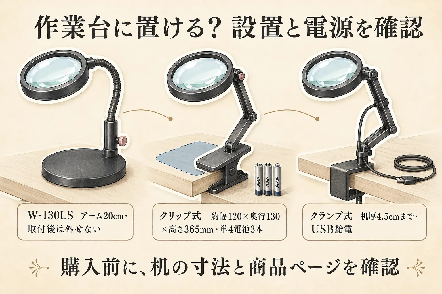 LEDスタンドルーペの設置と電源を確認する図。W-130LSはアーム20cmで取付後は外せないこと、クリップ式は約幅120×奥行130×高さ365mm・単4電池3本、クランプ式は机厚4.5cmまで・USB給電であることを示し、購入前に机の寸法と商品ページを確認するよう案内している。