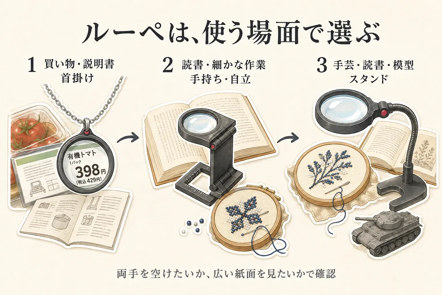 ルーペを使う場面別の選び方。買い物や説明書の確認には首掛け、読書や細かな作業には手持ち・自立式、手芸・読書・模型にはスタンド式を示し、両手を空けたいか広い紙面を見たいかで確認するよう案内している図。
