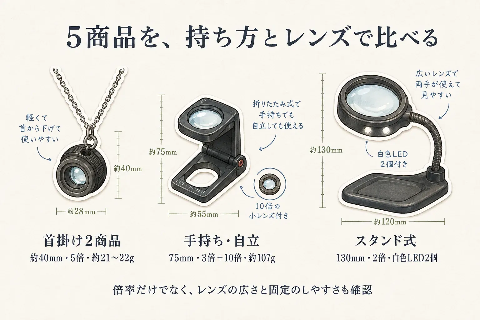 首掛け2商品、手持ち・自立式、スタンド式の仕様比較。首掛けはレンズ約40mm・5倍・約21〜22g、手持ち・自立式はレンズ75mm・3倍と10倍・約107g、スタンド式はレンズ130mm・2倍・白色LED2個付きと示し、倍率だけでなくレンズの広さと固定のしやすさも確認する図。