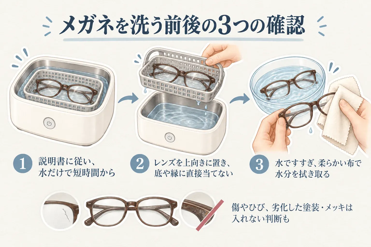 メガネを超音波洗浄機で手入れする前後の3つの確認手順。説明書に従って水だけで短時間から洗い、レンズを上向きにして底や縁へ直接当てず、洗浄後は水ですすいで柔らかい布で水分を拭き取る。傷やひび、劣化した塗装・メッキのメガネは入れない判断も示している。