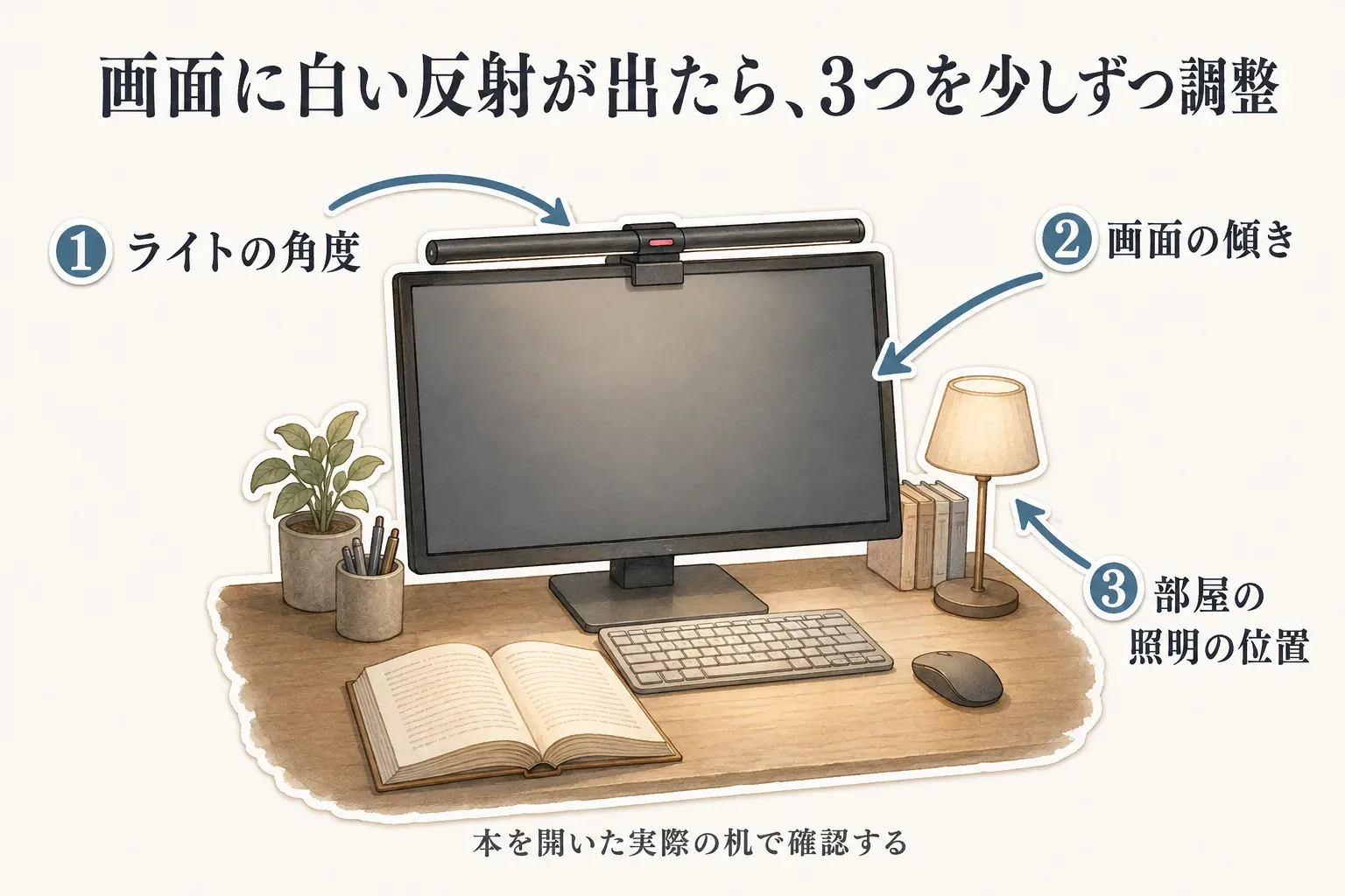 モニターライトを付けた机で、画面に白い反射が出たときに調整する3項目。ライトの角度、モニター画面の傾き、部屋の照明の位置を矢印で示し、本を開いた状態の机で確認するよう案内している図。
