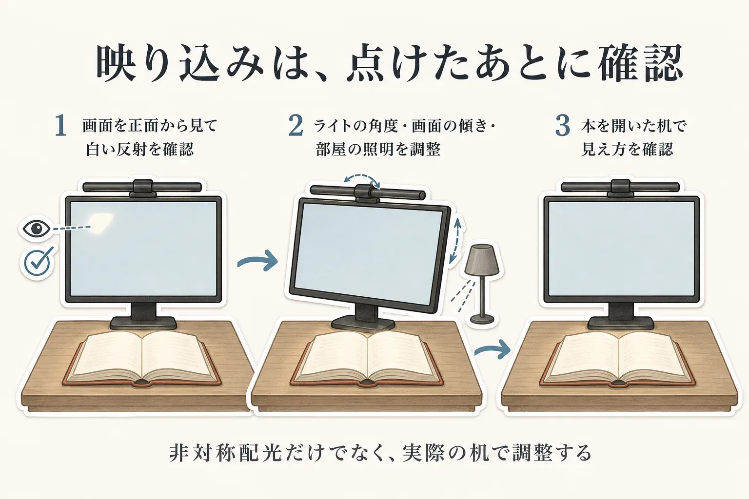 モニターライト点灯後の映り込み確認手順。画面を正面から見て白い反射を確認し、ライトの角度・画面の傾き・部屋の照明を調整したうえで、本を開いた机で見え方を確かめる3段階を示している図。