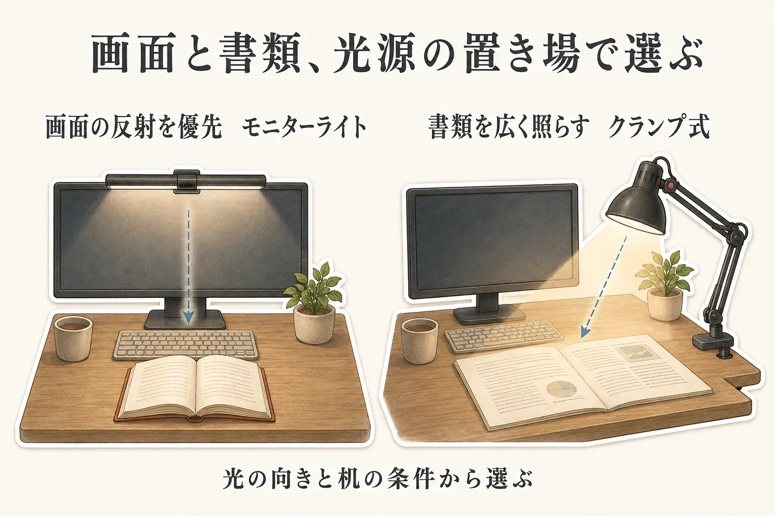 画面の反射を優先するモニターライトと、書類を広く照らすクランプ式デスクライトの配置例。モニターライトは画面上から手元へ、クランプ式は机の端から開いた本や書類へ光を向けている。