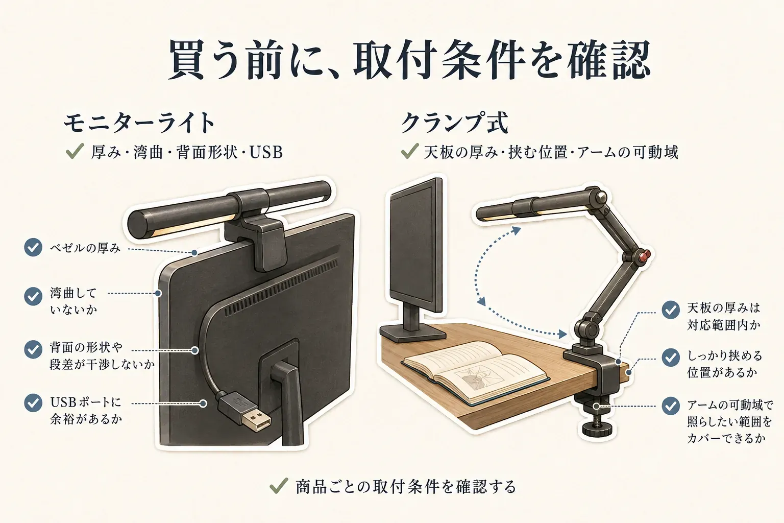 購入前の取付条件チェック。モニターライトはベゼルの厚み、湾曲の有無、背面形状・段差、USBポートの余裕を確認し、クランプ式は天板の厚み、しっかり挟める位置、アームの可動域で照らしたい範囲をカバーできるかを確認する。