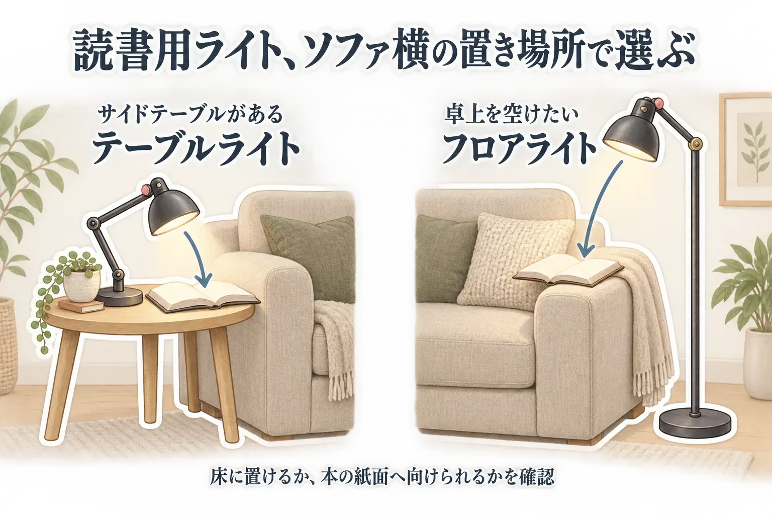 ソファ横の置き場所で選ぶ読書用ライトの比較。サイドテーブルがある左側はテーブルライトで本の紙面へ光を向け、卓上を空けたい右側はフロアライトを床に置いて本へ光を向けている。
