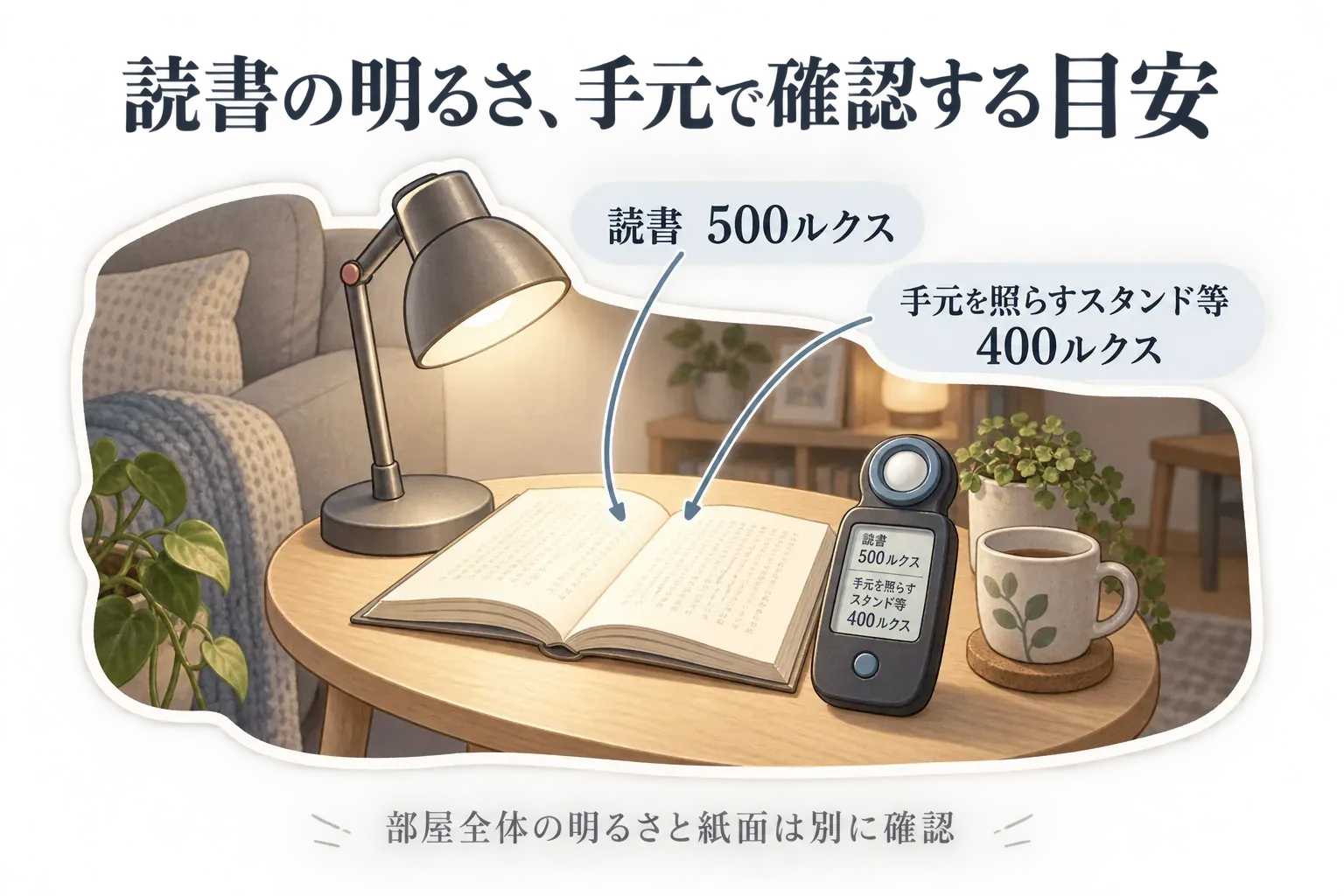 読書時の紙面を照らすライトと照度計の図。読書の目安として500ルクス、手元を照らすスタンド等の目安として400ルクスを示し、部屋全体の明るさとは別に紙面を確認するよう案内している。出典：国立研究開発法人建築研究所「住宅照明で必要な明るさをわかりやすく示す尺度」。