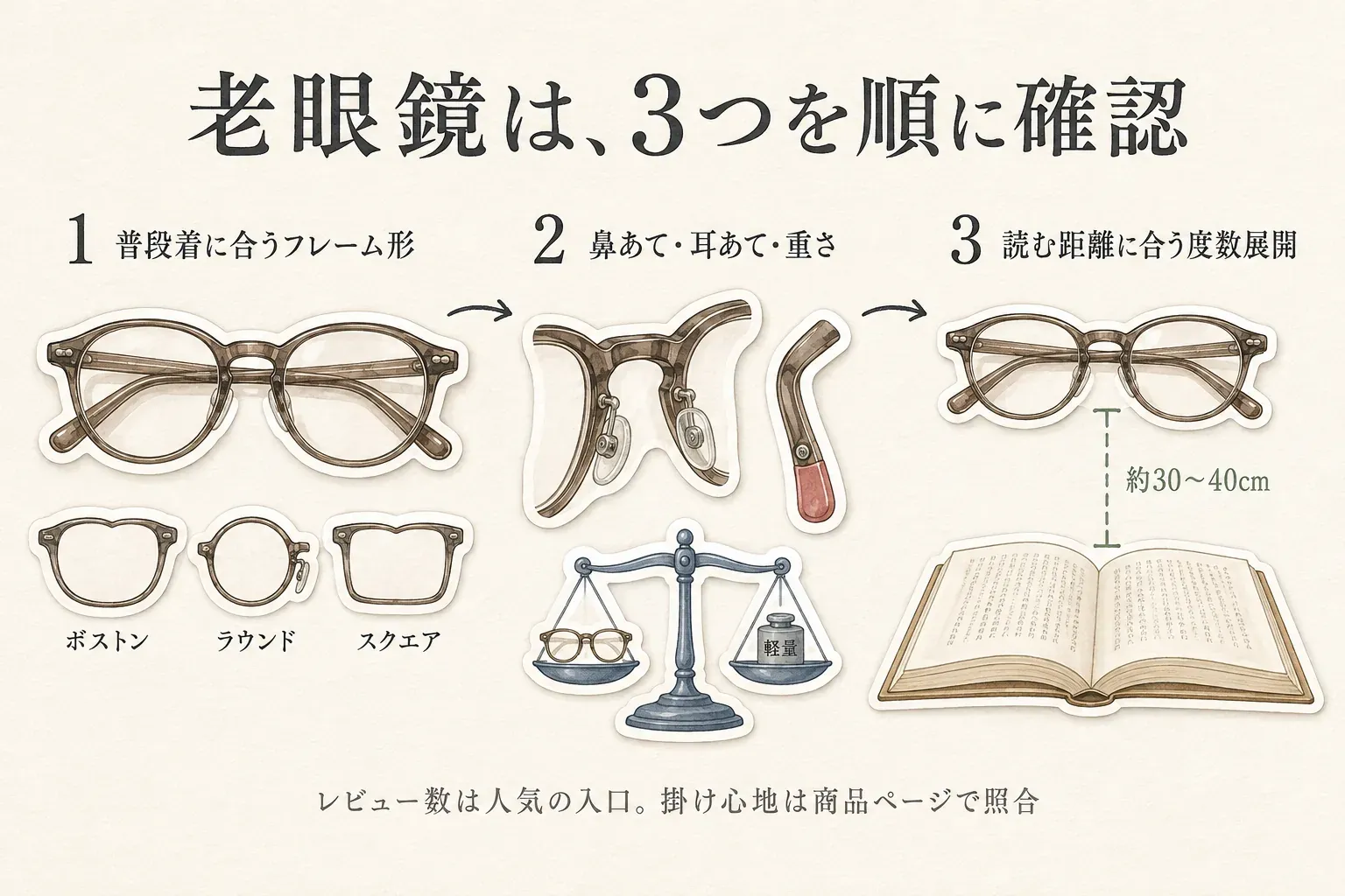 老眼鏡を選ぶ3つの確認順を示す図。普段着に合うフレーム形としてボストン・ラウンド・スクエアを比べ、次に鼻あて・耳あて・重さを確認し、最後に読む距離に合う度数展開を確認する流れ。レビュー数は人気の入口であり、掛け心地は商品ページで照合する案内付き。