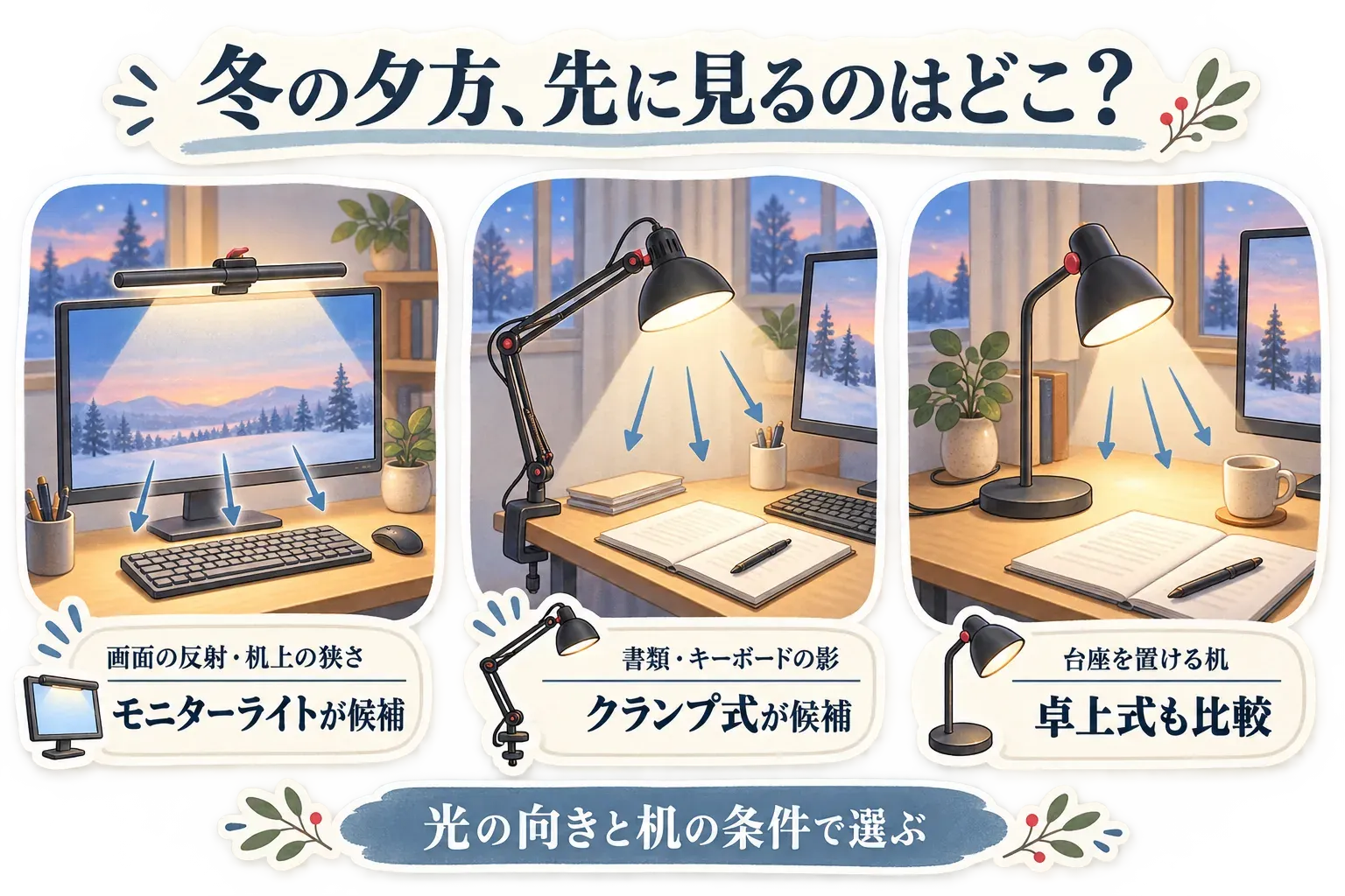 冬の夕方に優先したい条件別のライト配置。画面の反射や机上の狭さが気になる場合はモニターライト、書類・キーボードの影が気になる場合はクランプ式、台座を置ける机では卓上式も比較する。